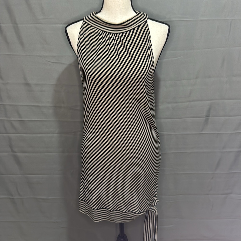 Black & Tan Diagonal Striped Halter Tank Top with Mock Turtleneck and Tie Bottom